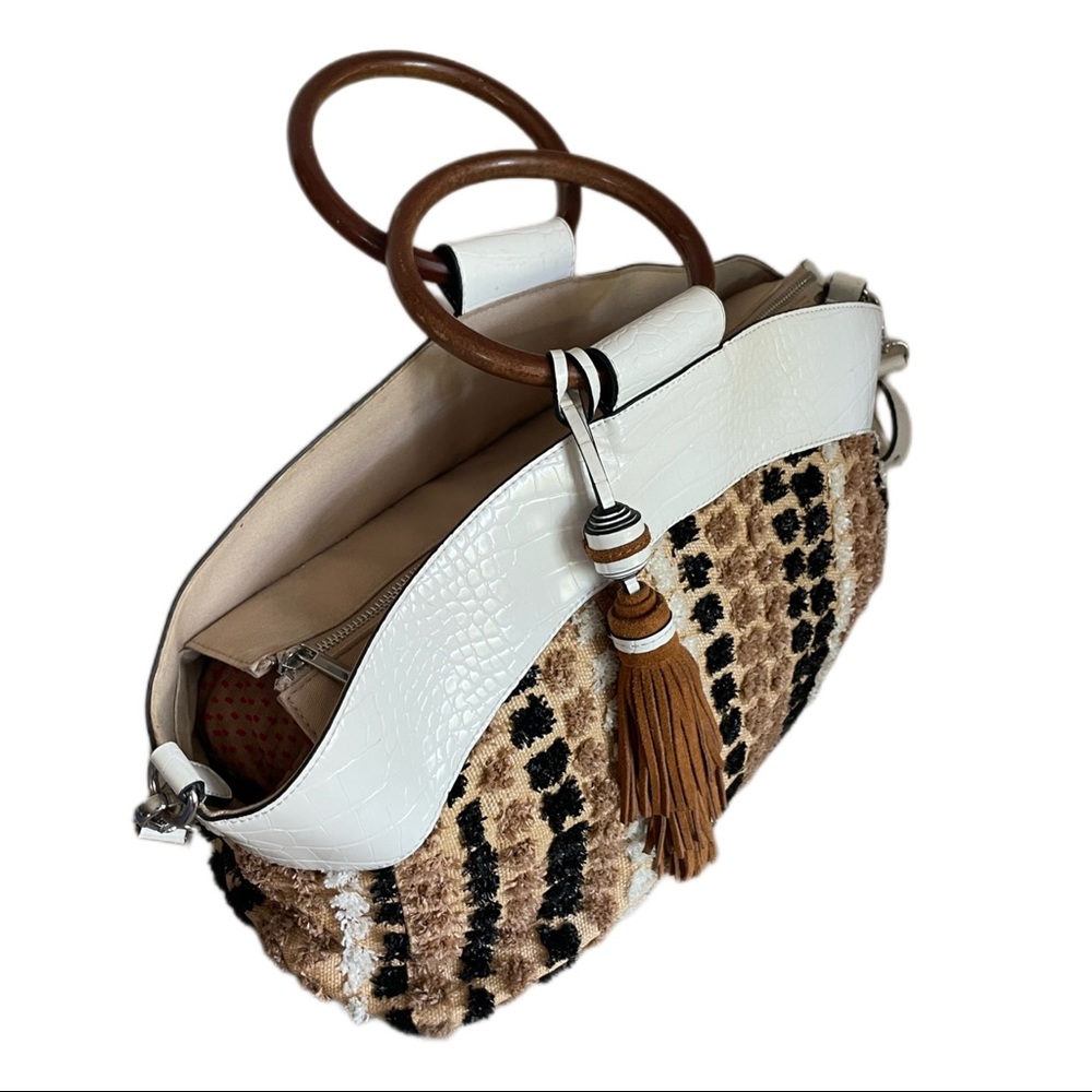 Sam Edelman Darcy Bag. Large carpet purse with bamboo handles & leather tassel